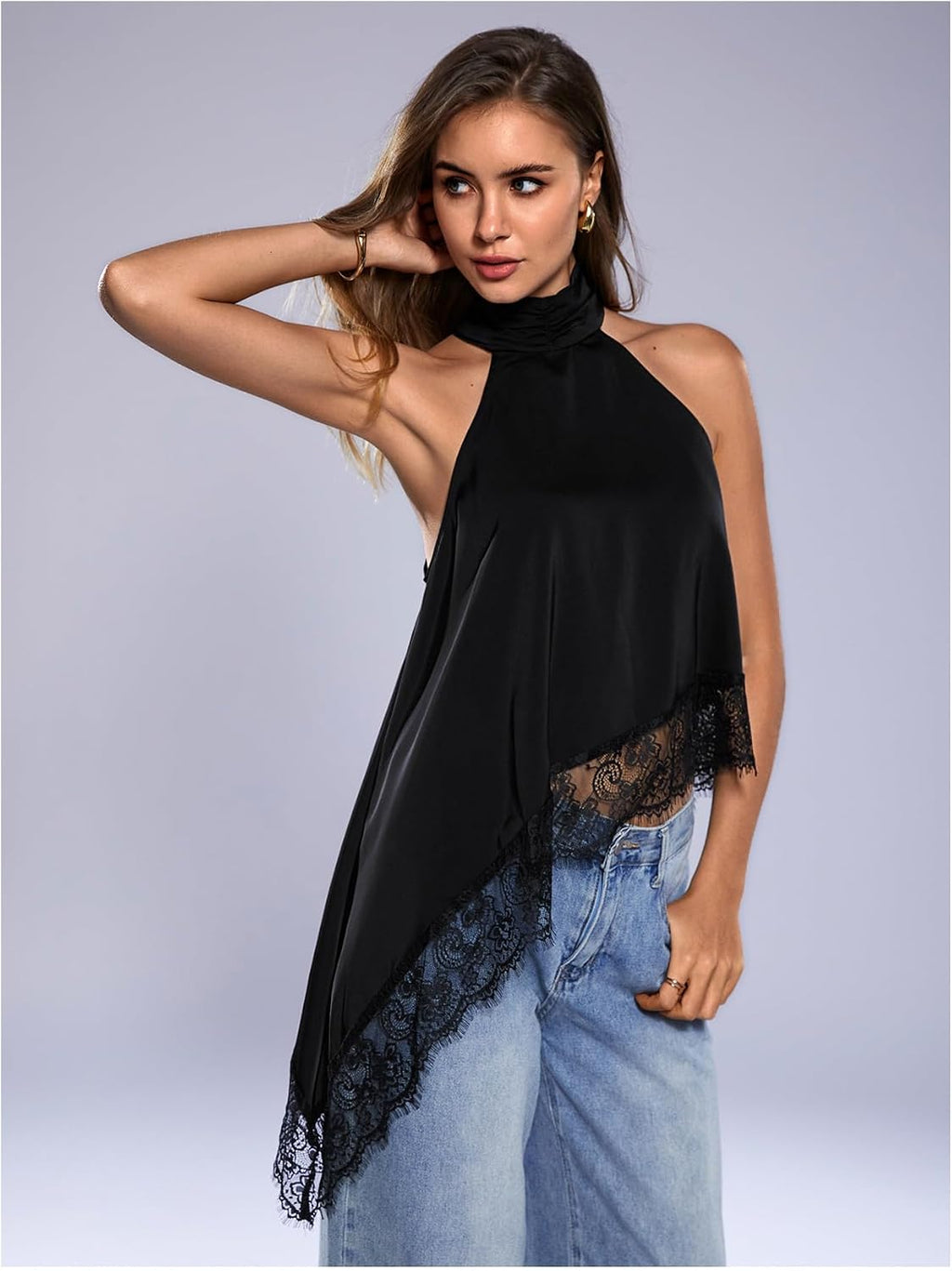Milumia Women's Halter Neck Top Lace Asymmetrical Hem Going Out Tank Tops