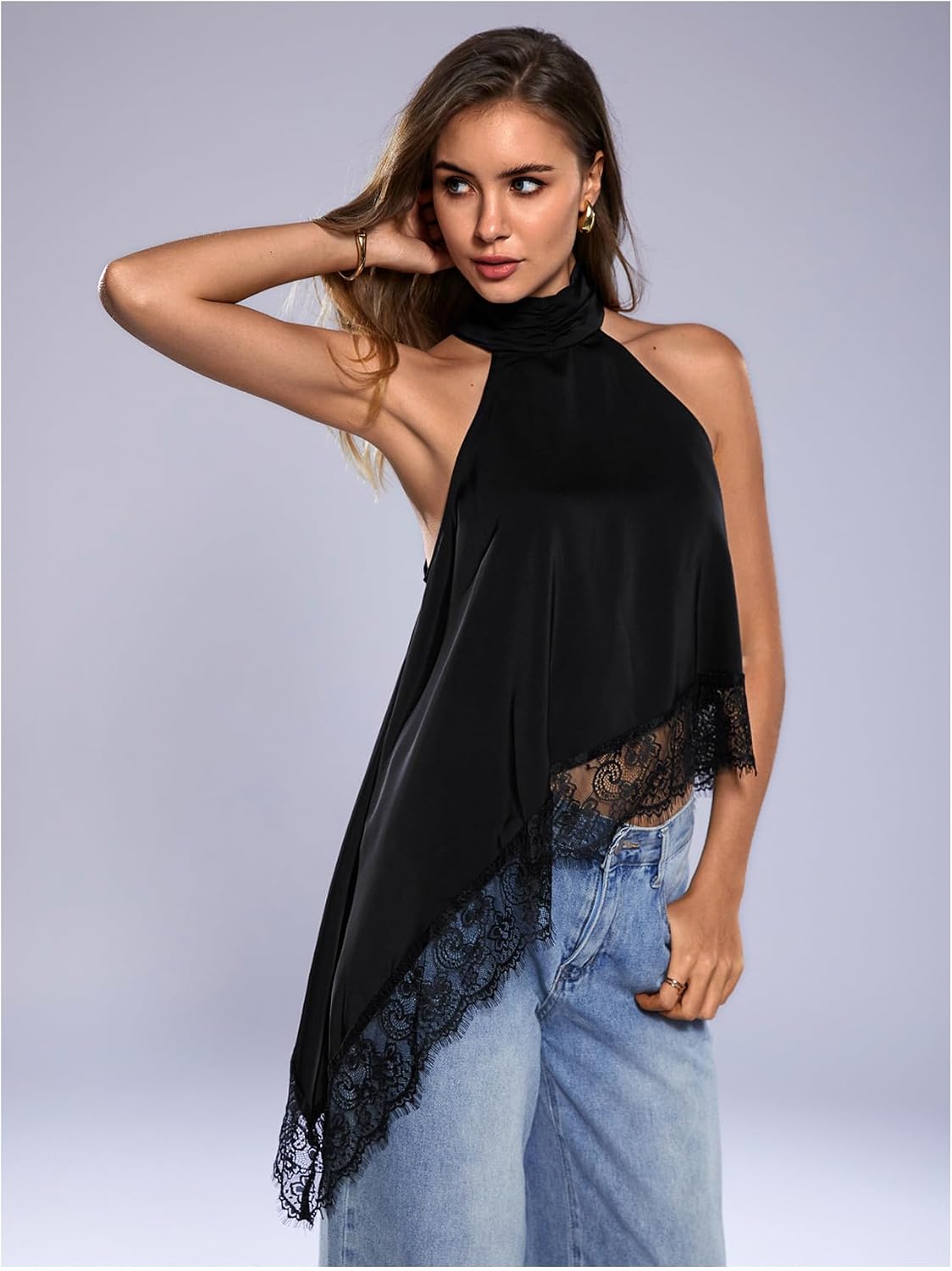 Milumia Women's Halter Neck Top Lace Asymmetrical Hem Going Out Tank Tops
