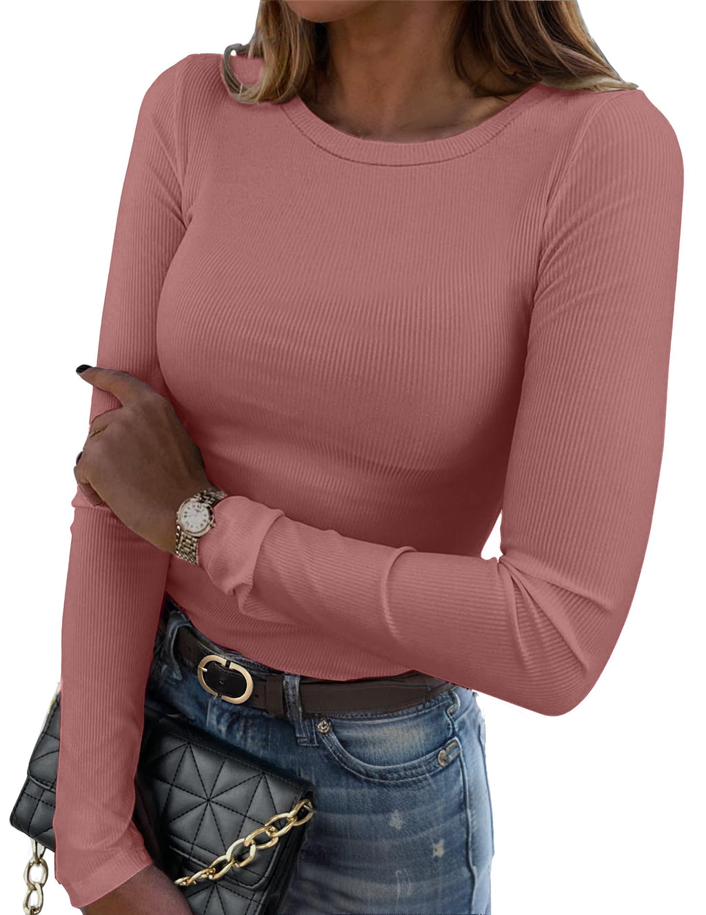 Zeagoo Women Long Sleeve Shirts Ribbed Slim Fit Tops Crewneck Basic Tee