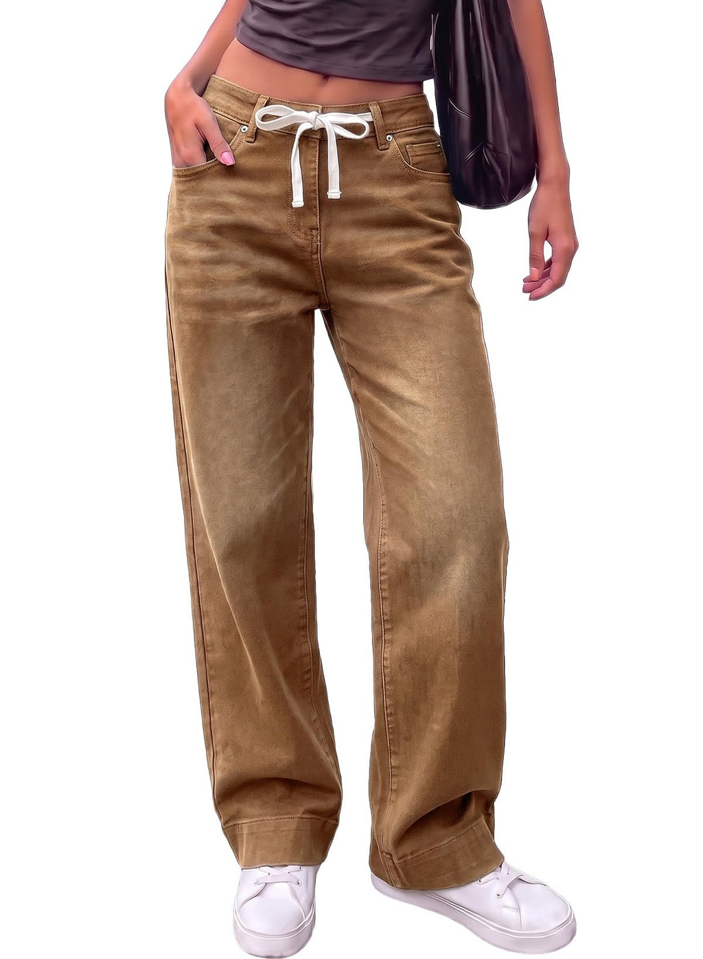 Sidefeel Women's High Waisted Straight Leg Jeans Drawstring Denim Pants