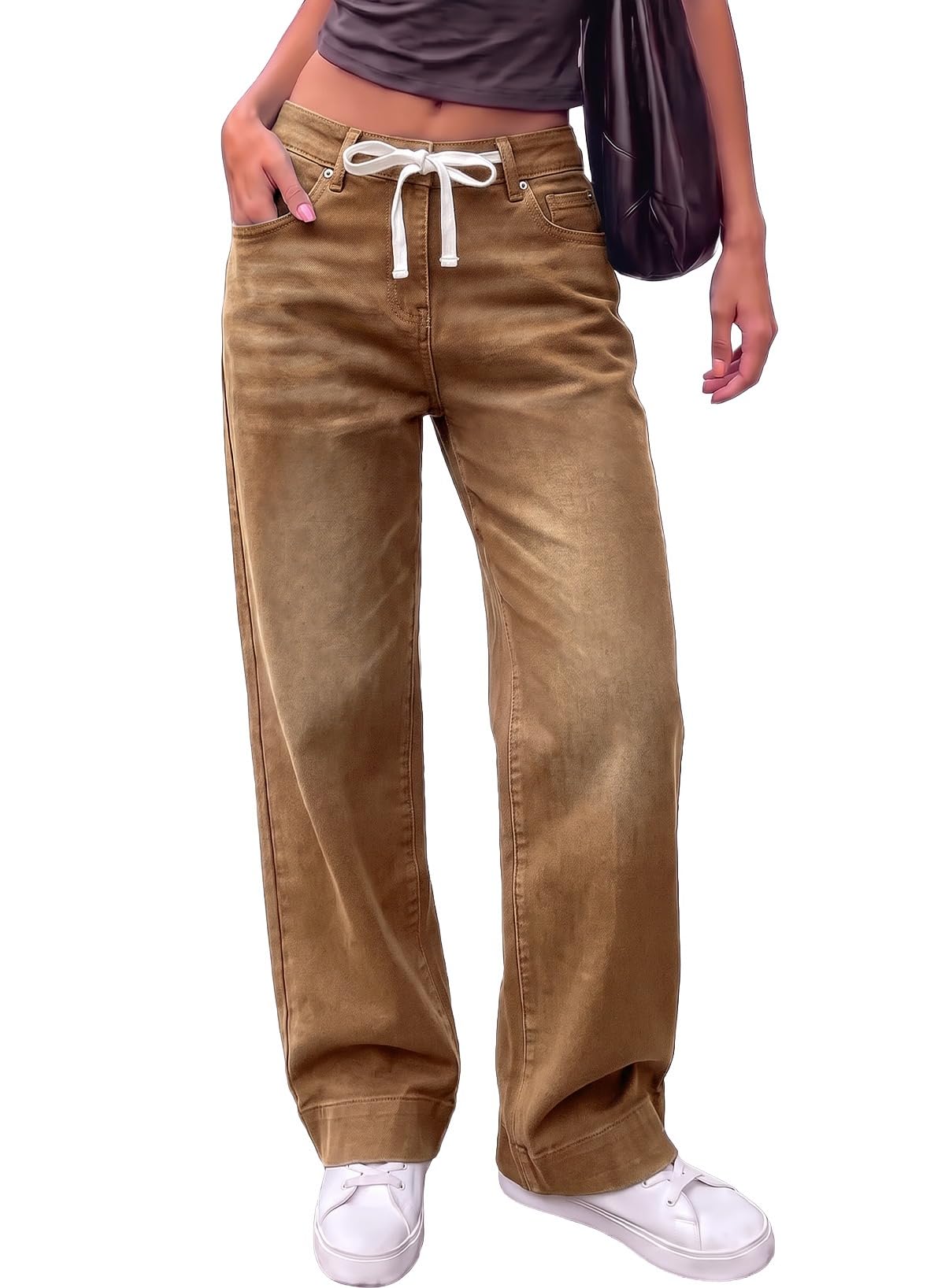 Sidefeel Women's High Waisted Straight Leg Jeans Drawstring Denim Pants