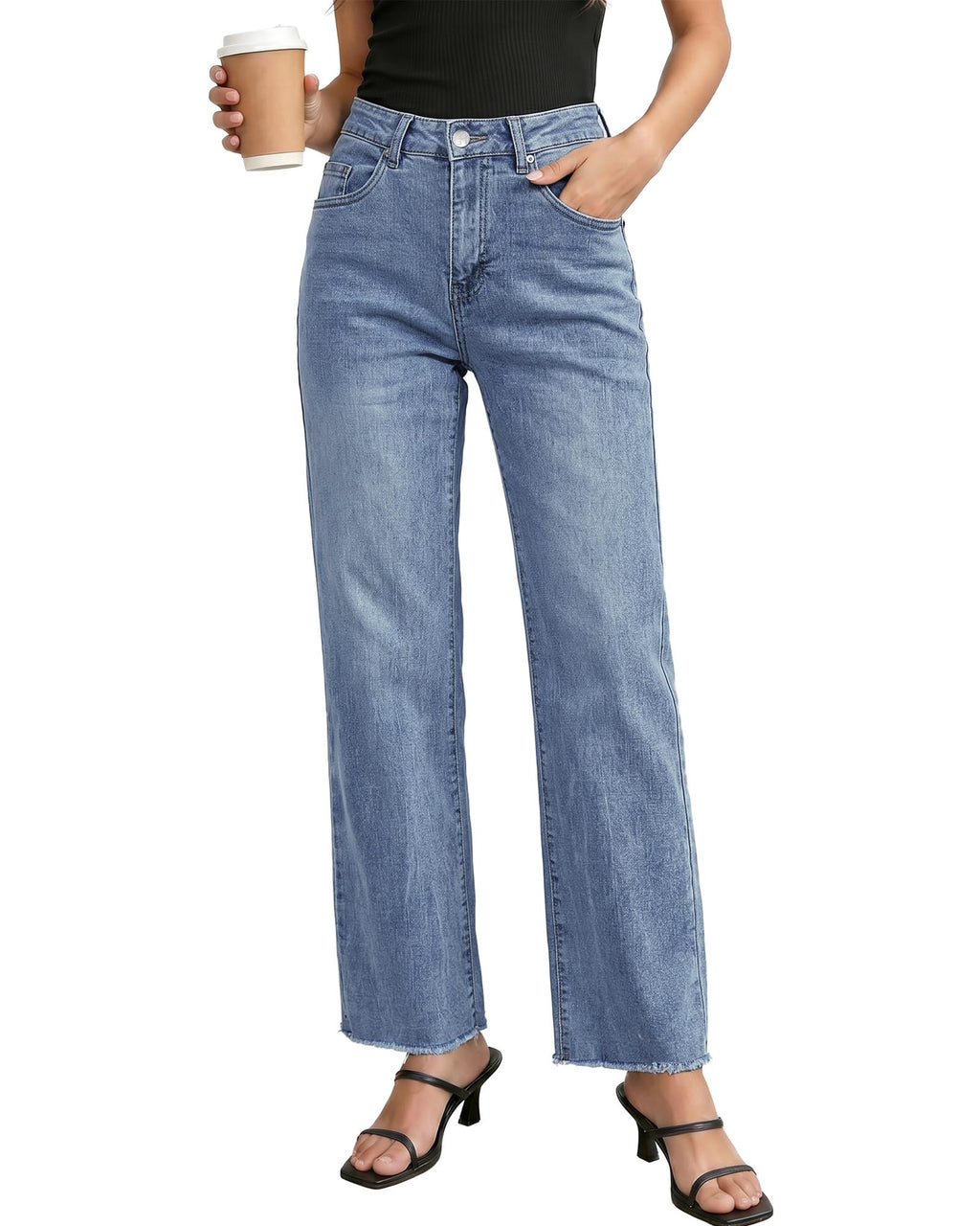 GRAPENT Straight Leg Jeans for Women High Waisted Stretchy Frayed Raw Hem Loose Denim Pants Casual Baggy Jean Trousers