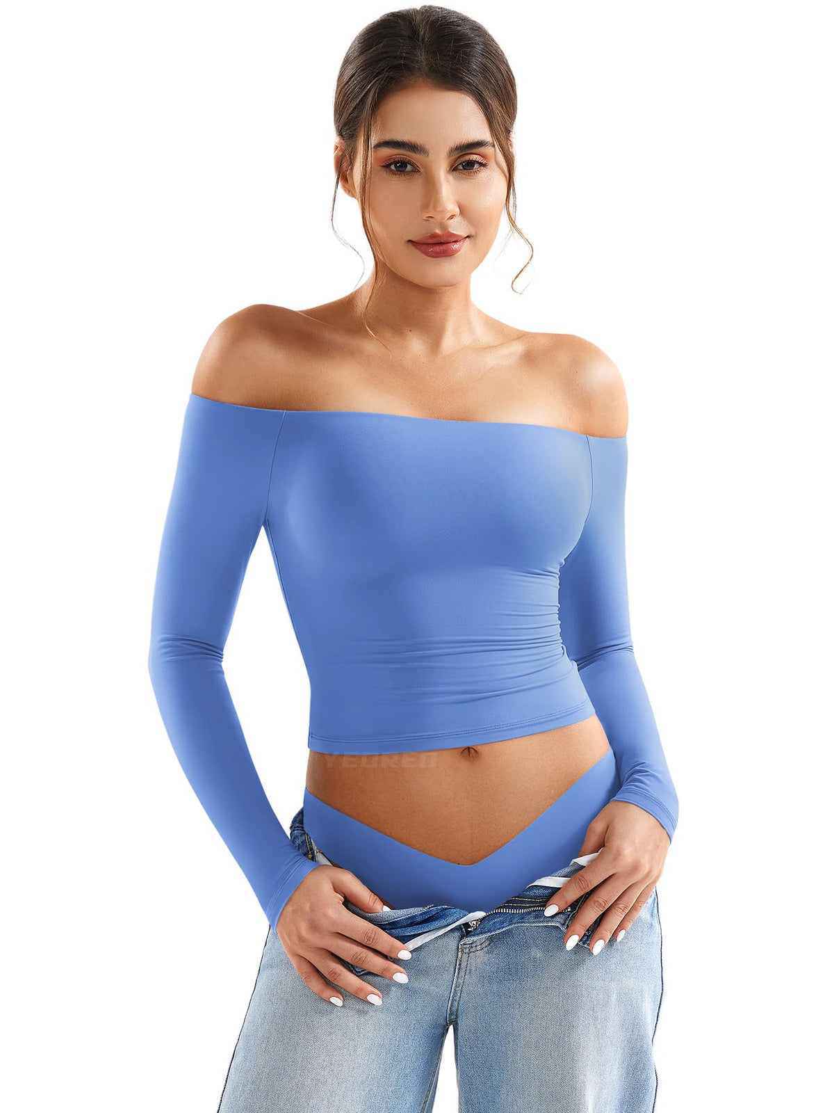 YEOREO Ease Women Off Shoulder Long Sleeve Shirts Double Lined Basic Top