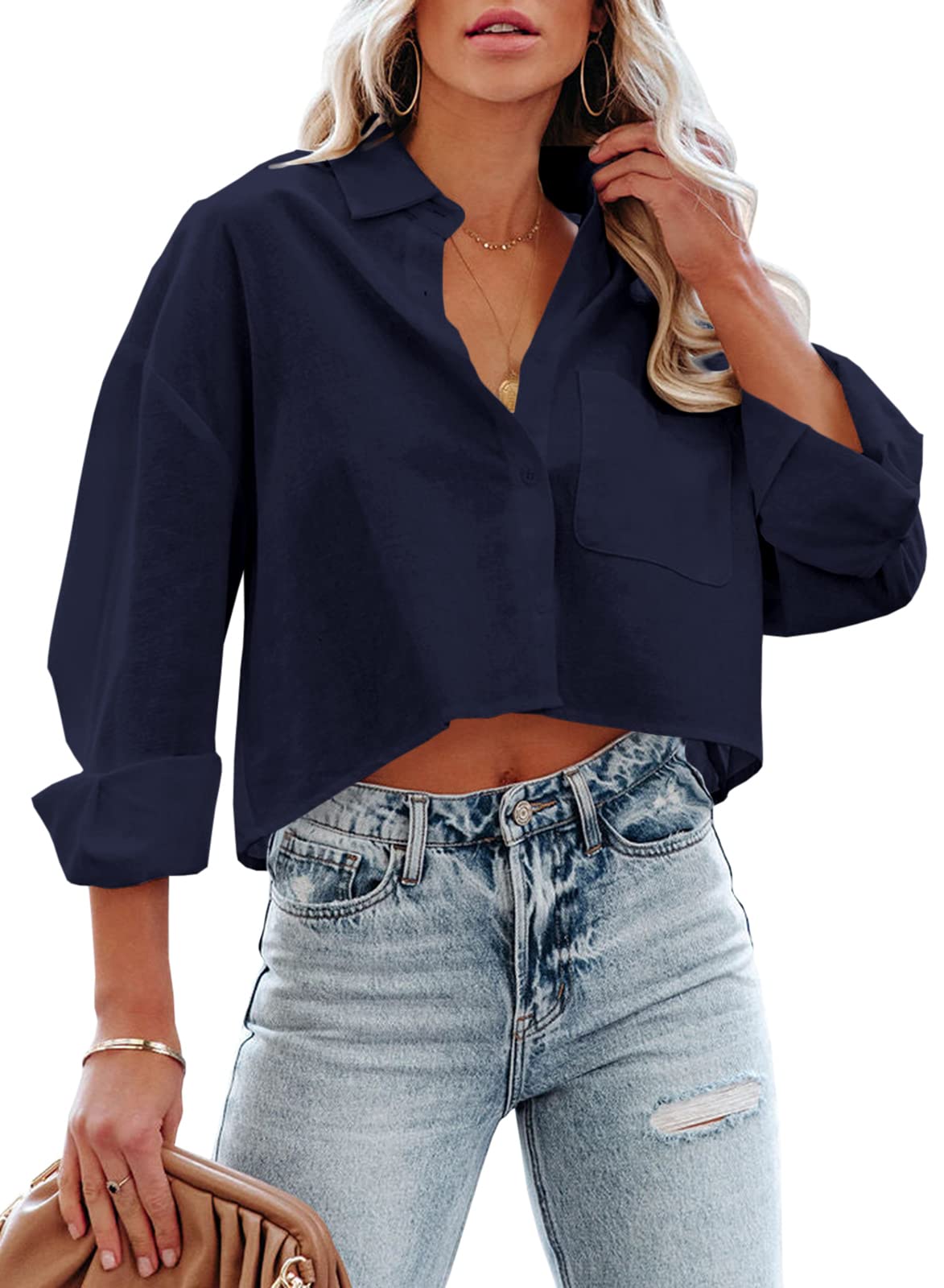 Tankaneo Womens Button Down Cropped Shirts Long Sleeve Crop Tops Blouses
