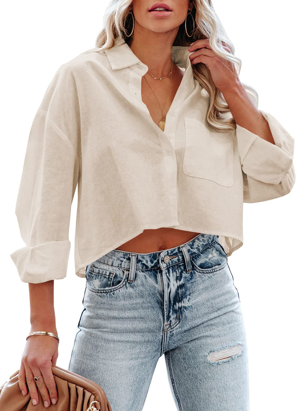 Tankaneo Womens Button Down Cropped Shirts Long Sleeve Crop Tops Blouses