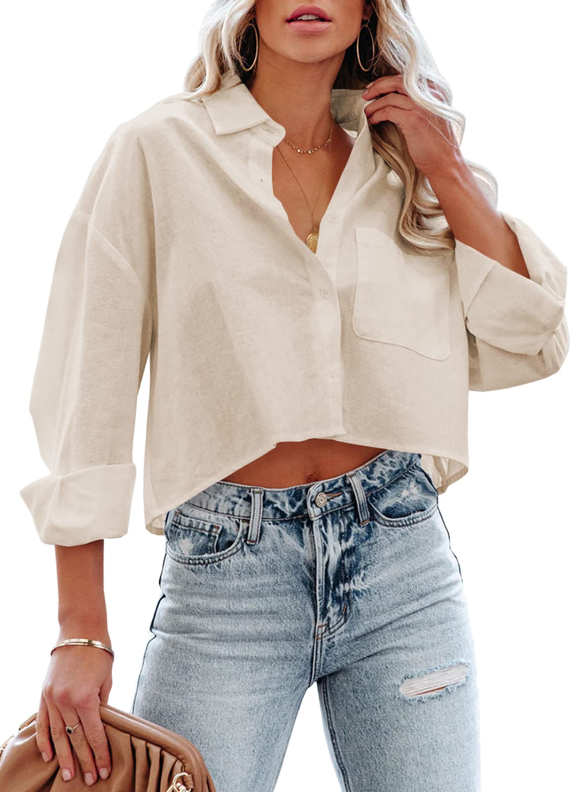 Tankaneo Womens Button Down Cropped Shirts Long Sleeve Crop Tops Blouses
