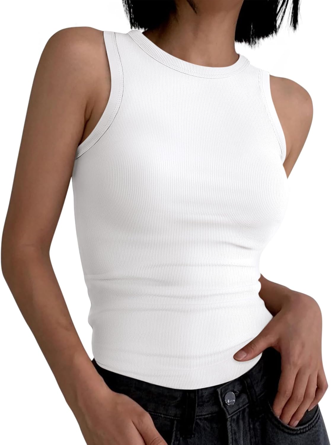 ANRABESS High Neck Ribbed Tank Tops for Women Sleeveless Summer Tops