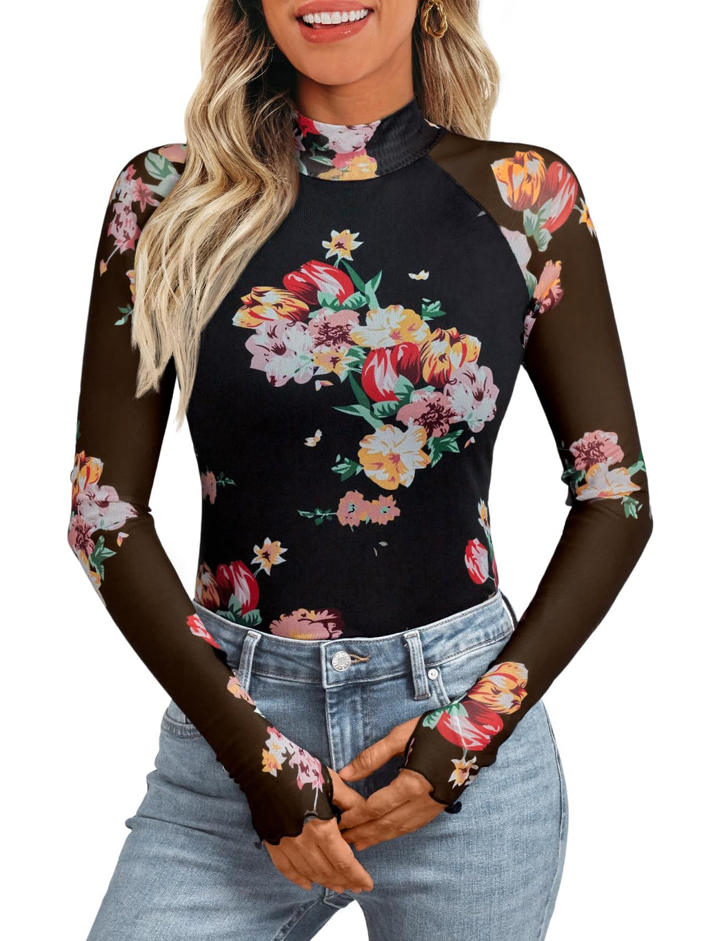 Dealmore Womens Lace Sheer Floral Mesh Mock Neck Tops