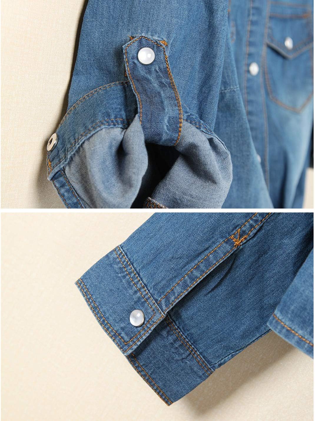 Women's Denim Shirt Roll Up 3/4 Sleeve Tie Front Knot Chambray Crop Top