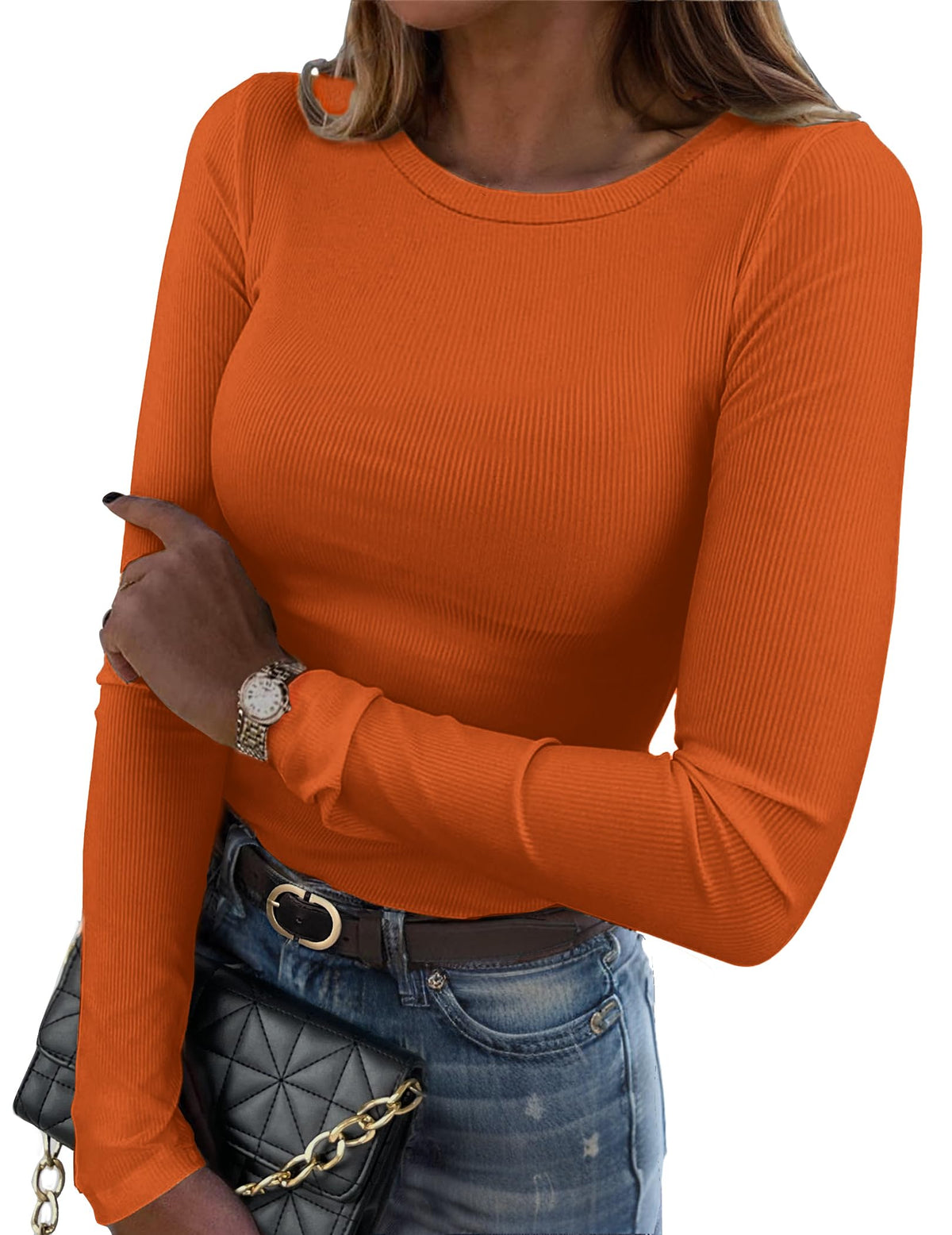Zeagoo Women Long Sleeve Shirts Ribbed Slim Fit Tops Crewneck Basic Tee