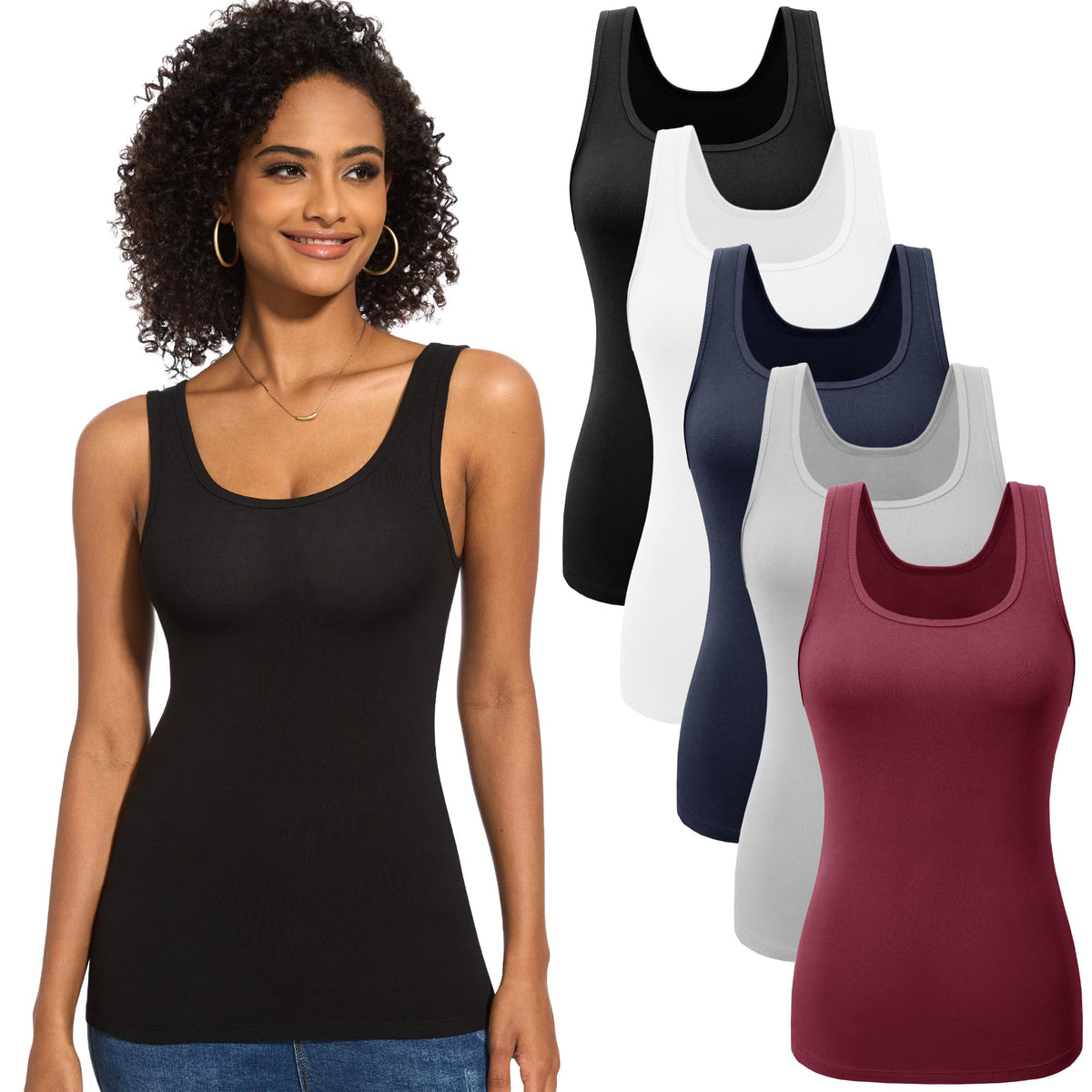 TVKSOM 5 Pack Basic Ribbed Tank Tops for Women Layering Undershirts
