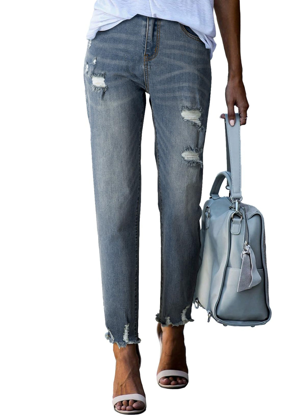 EVALESS Women's High Waisted Tummy Control Straight Ankle Ripped Jeans
