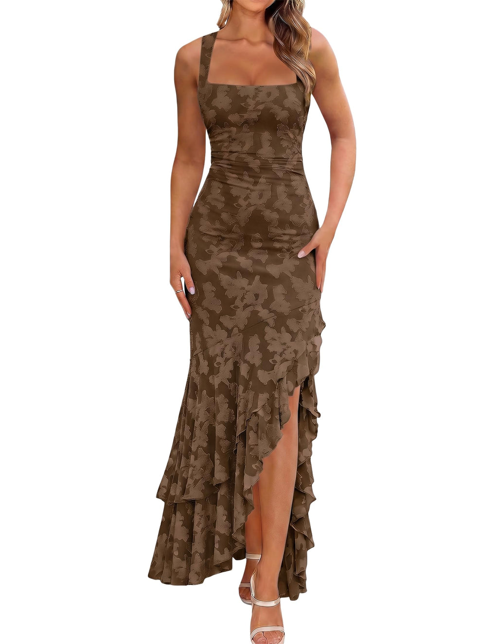 BORIFLORS Women's Elegant Ruched Floral Maxi Wedding Guest Dress