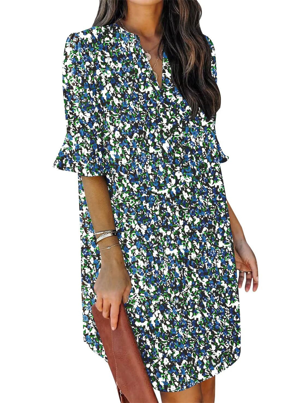 QACOHU Summer Dresses for Women V Neck Ruffle Short Sleeve Shift Dress