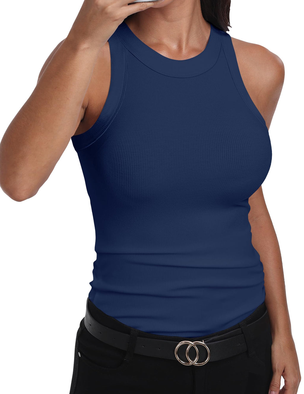 GEMBERA Womens Sleeveless Racerback High Neck Casual Basic Cotton Ribbed Fitted Tank Top
