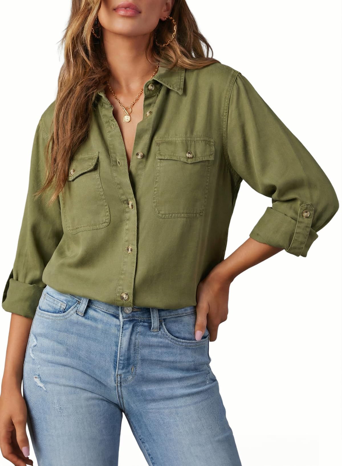 Astylish Women Denim Button Down Shirts Chambray Blouse Top