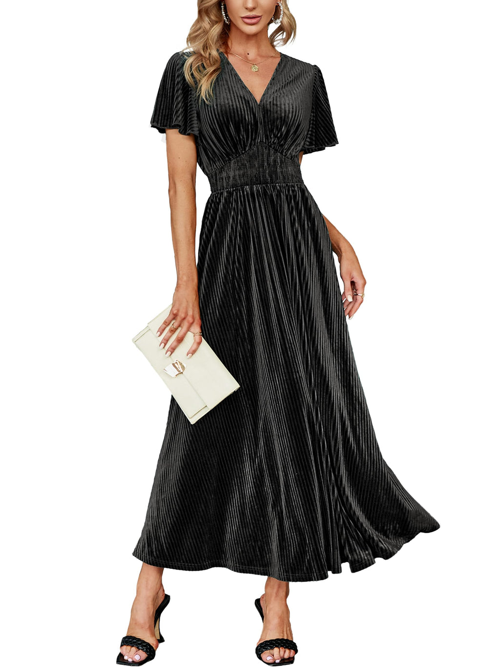 Simplee Women’s V Neck Velvet Maxi Dress Short Sleeve Empire Waist Long Formal Dress for Wedding Guest