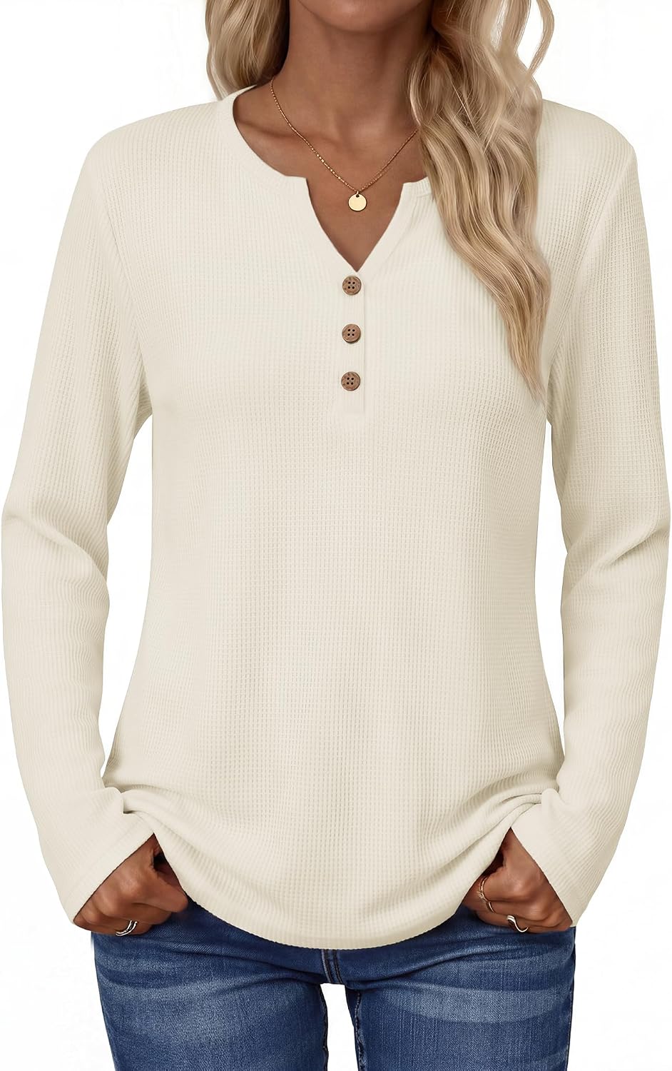 Zeagoo Women's Long Sleeve Waffle Knit Tops 2026 Fall Henley V Neck Shirts