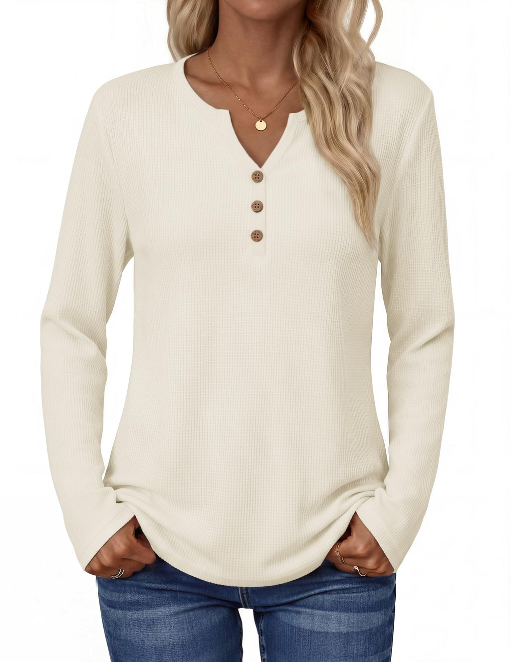 Zeagoo Women's Long Sleeve Waffle Knit Tops 2026 Fall Henley V Neck Shirts