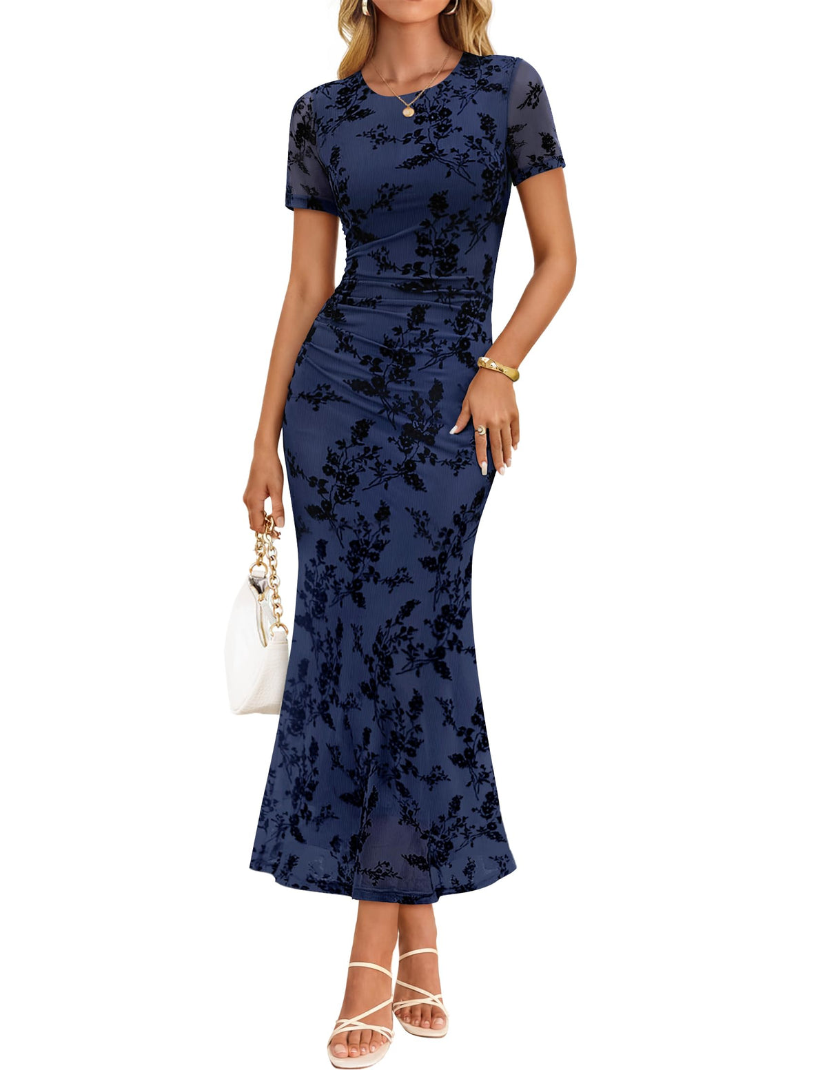 ZESICA Women Summer 2026 Floral Short Sleeve Bodycon Mesh Maxi Formal Dress