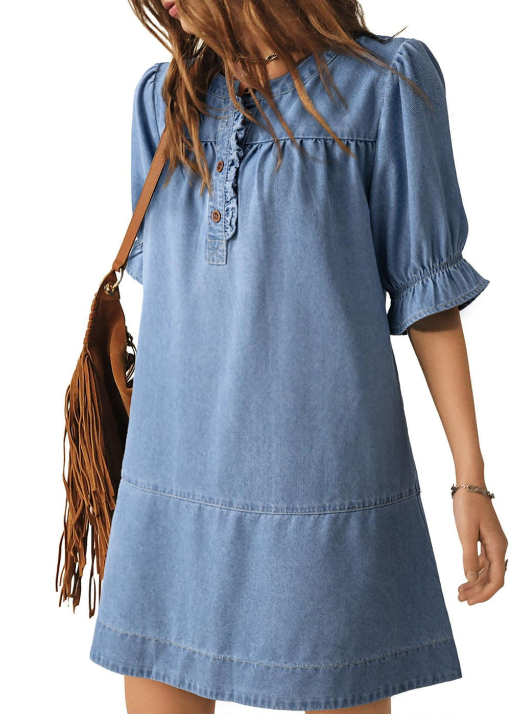 Dokotoo Women's Denim Dress Ruffle Short Sleeve Button Cowgirl Jean Dress