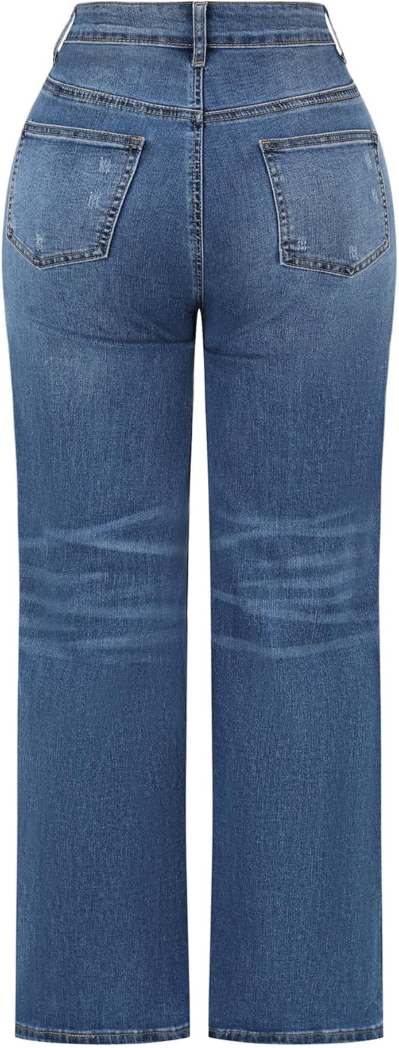 THUNDER STAR Womens High Waisted Wide Leg Jeans Stretchy Distressed Denim Pants