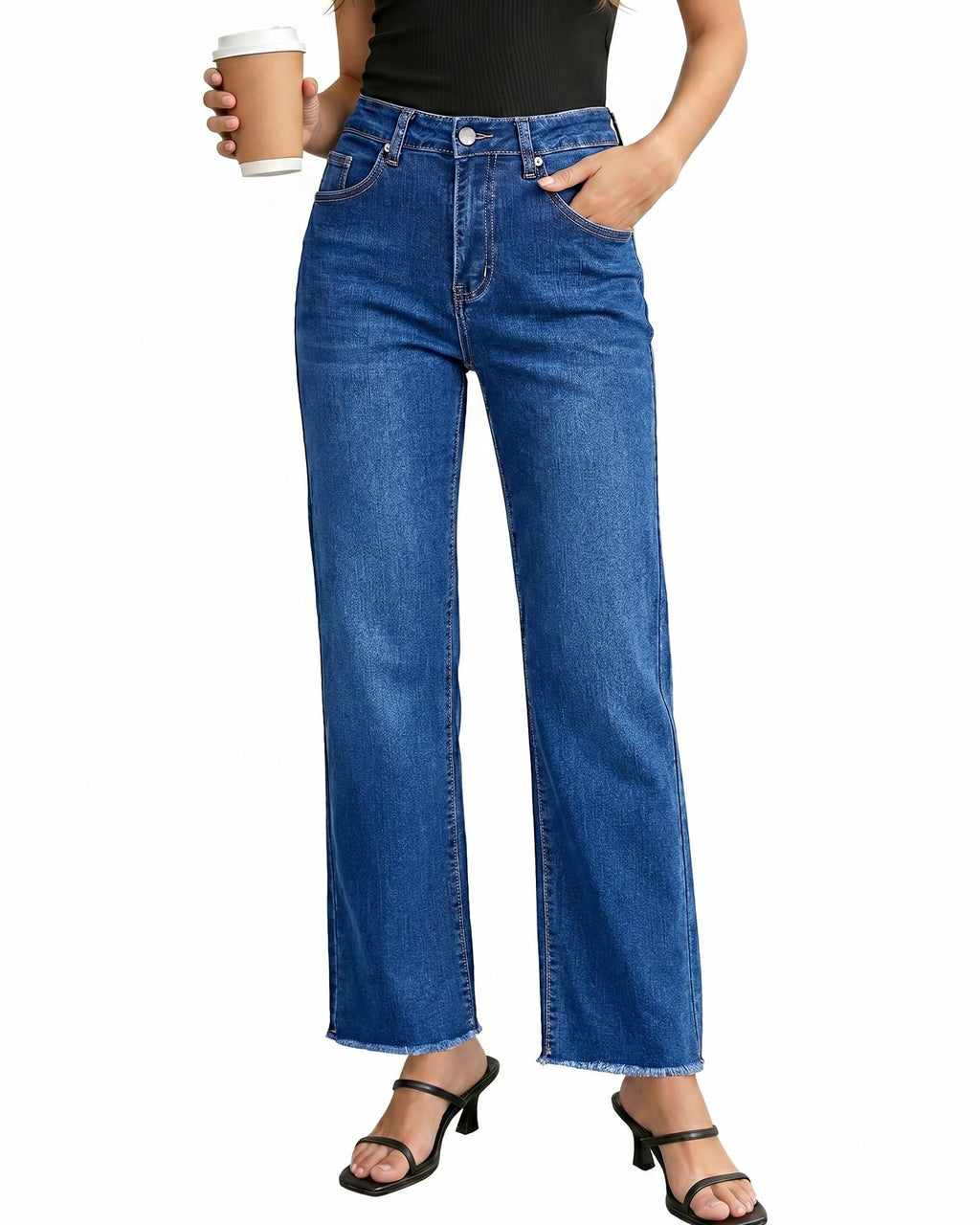 GRAPENT Straight Leg Jeans for Women High Waisted Stretchy Frayed Raw Hem Loose Denim Pants Casual Baggy Jean Trousers