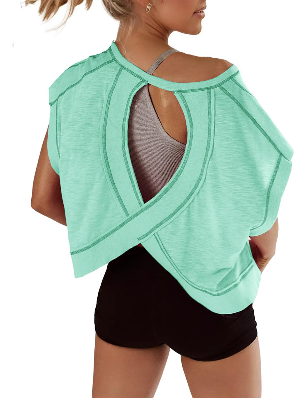 Open Back Tops for Women Oversized Short Sleeve Workout T Shirts Backless Y2k Athletic Crop Running Tees