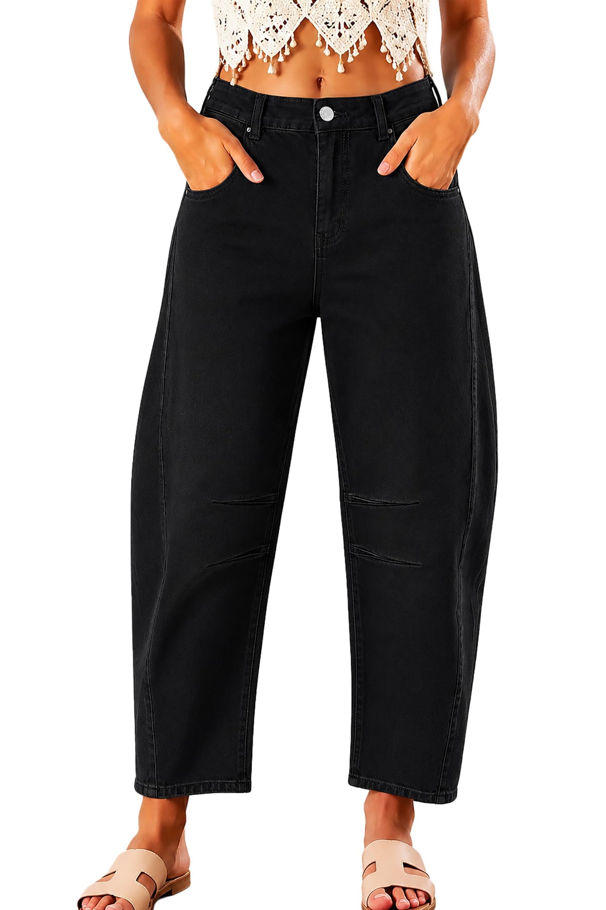 Women's High Waisted Stretch Barrel Leg Jeans Cropped Ankle Pants