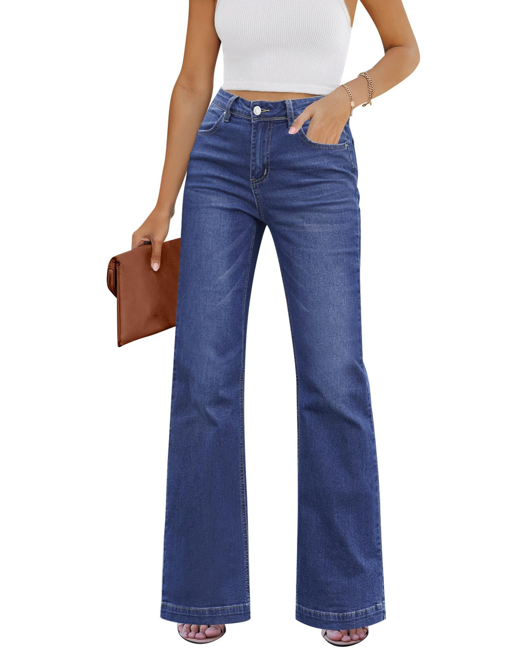 GRAPENT Flare Jeans for Women High Rise Wide Leg Baggy Stretchy Denim Pants