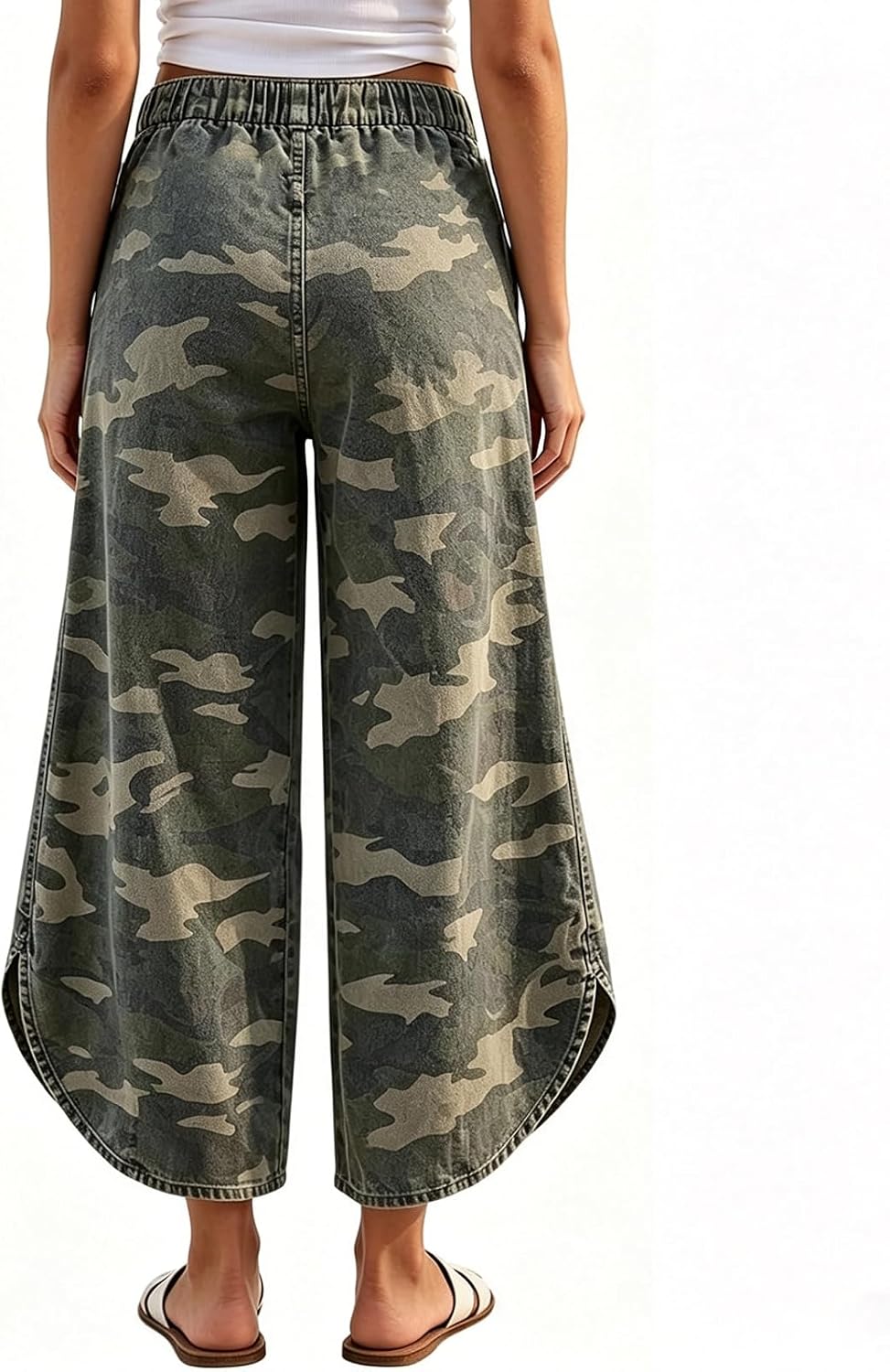 Women's Elastic Waist Wide Leg Jeans Tulip Hem Casual Cropped Denim Pants