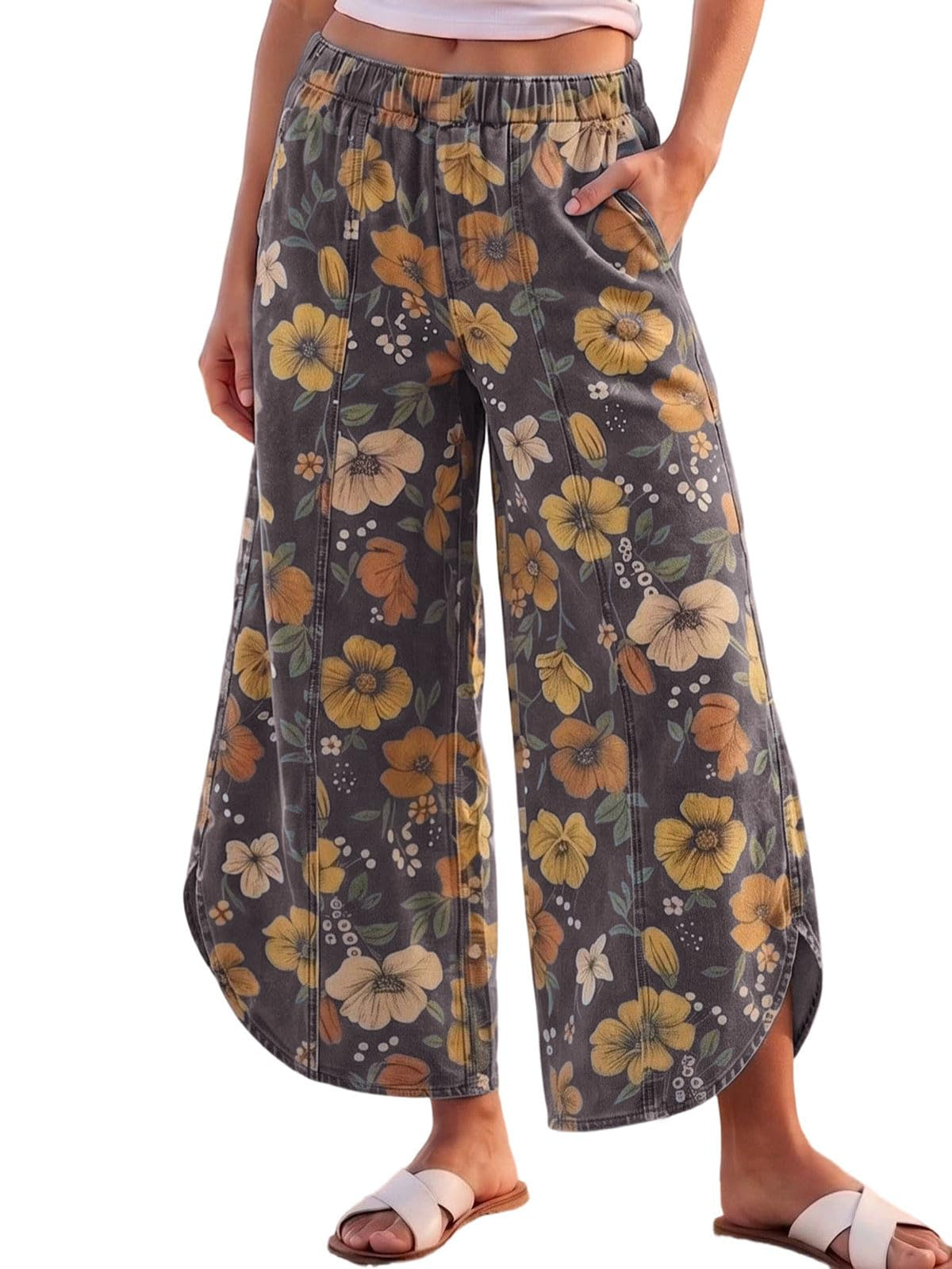 CHARTOU Women Y2k Wide Leg Jeans Elastic Waist Tulip Hem Casual Cropped Ankle Lenght Denim Pants