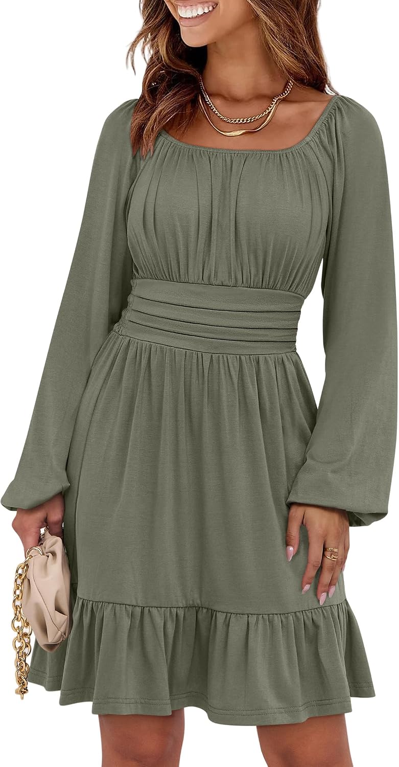 ANRABESS Women Long Lantern Sleeve Square Neck Fall Short Dress