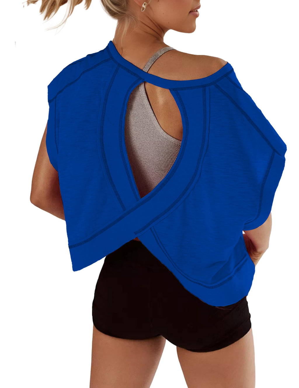 Open Back Tops for Women Oversized Short Sleeve Workout T Shirts Backless Y2k Athletic Crop Running Tees