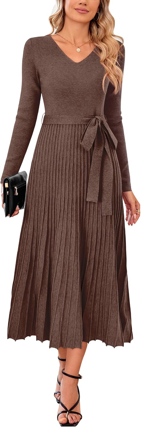 Arach&Cloz Women's Wool Blend Fall Long Sleeve Midi Sweater Dress