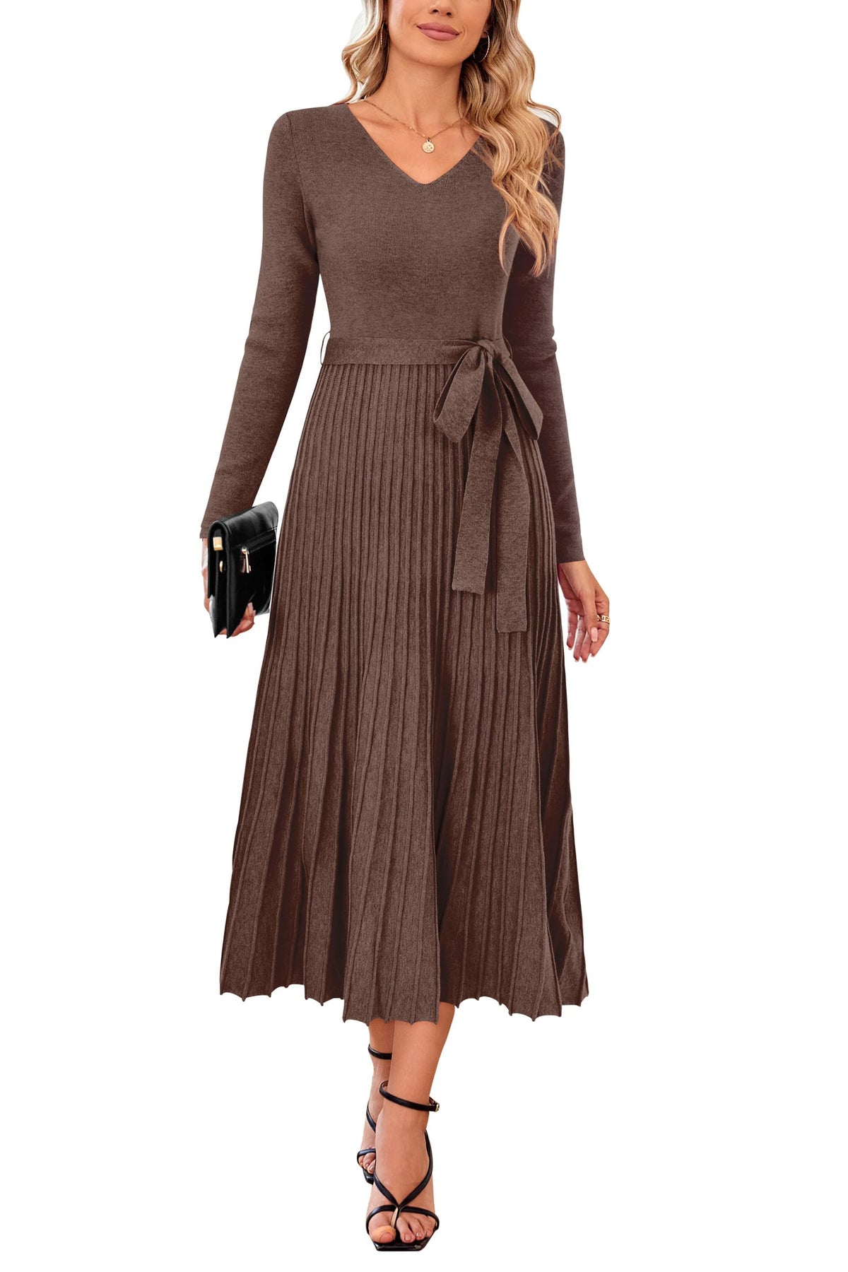 Arach&Cloz Women's Wool Blend Fall Long Sleeve Midi Sweater Dress