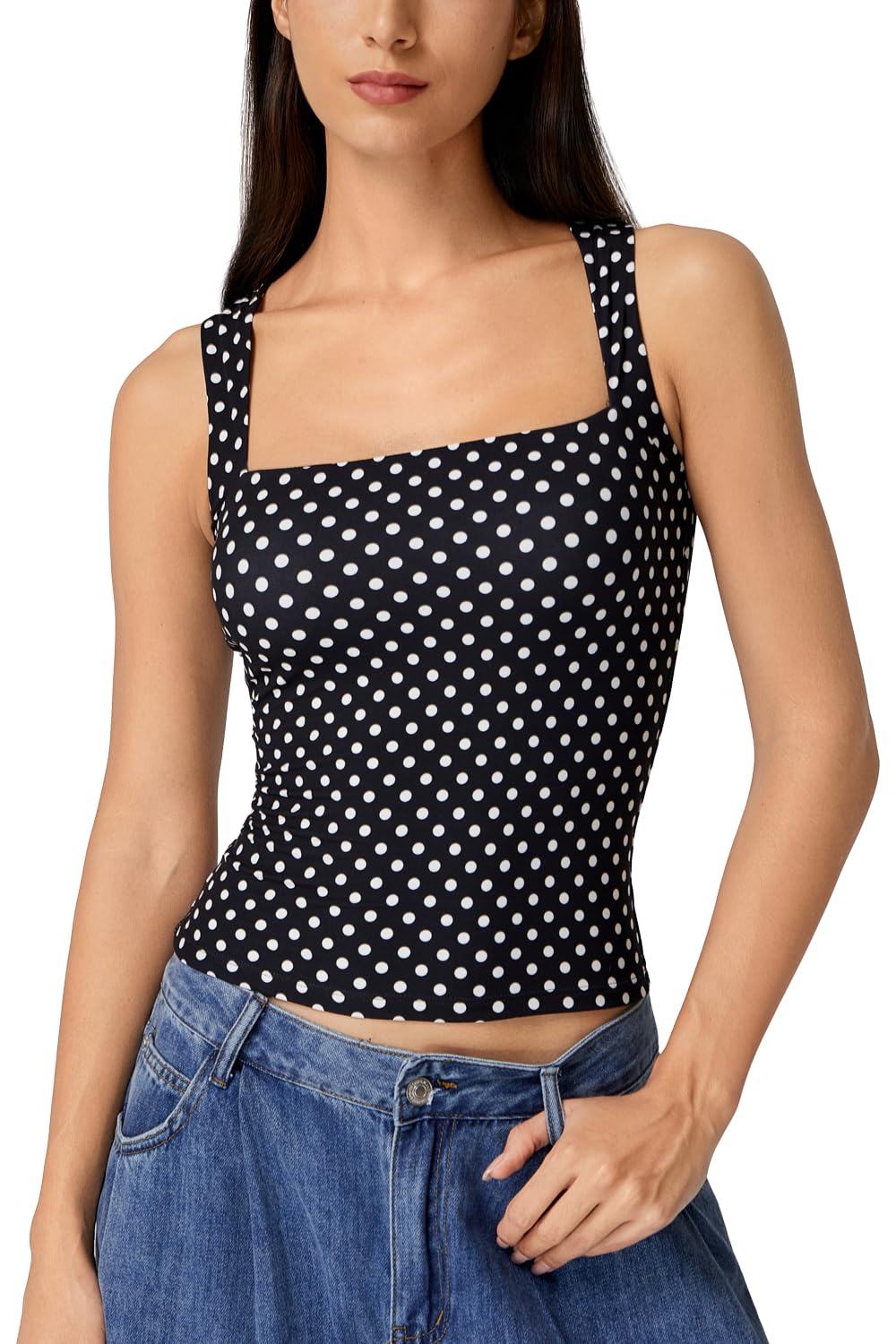 QINSEN Women's Square Neck Sleeveless Double-Layer Tank Tops Basic Tight T Shirts
