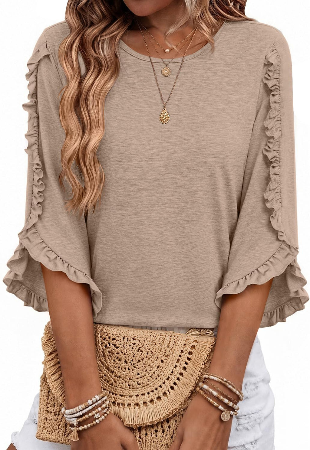 3/4 Length Sleeve Womens Tops Crewneck Ruffle Sleeve Shirts Dressy Casual Blouse Summer Fall Fashion Business Outfit