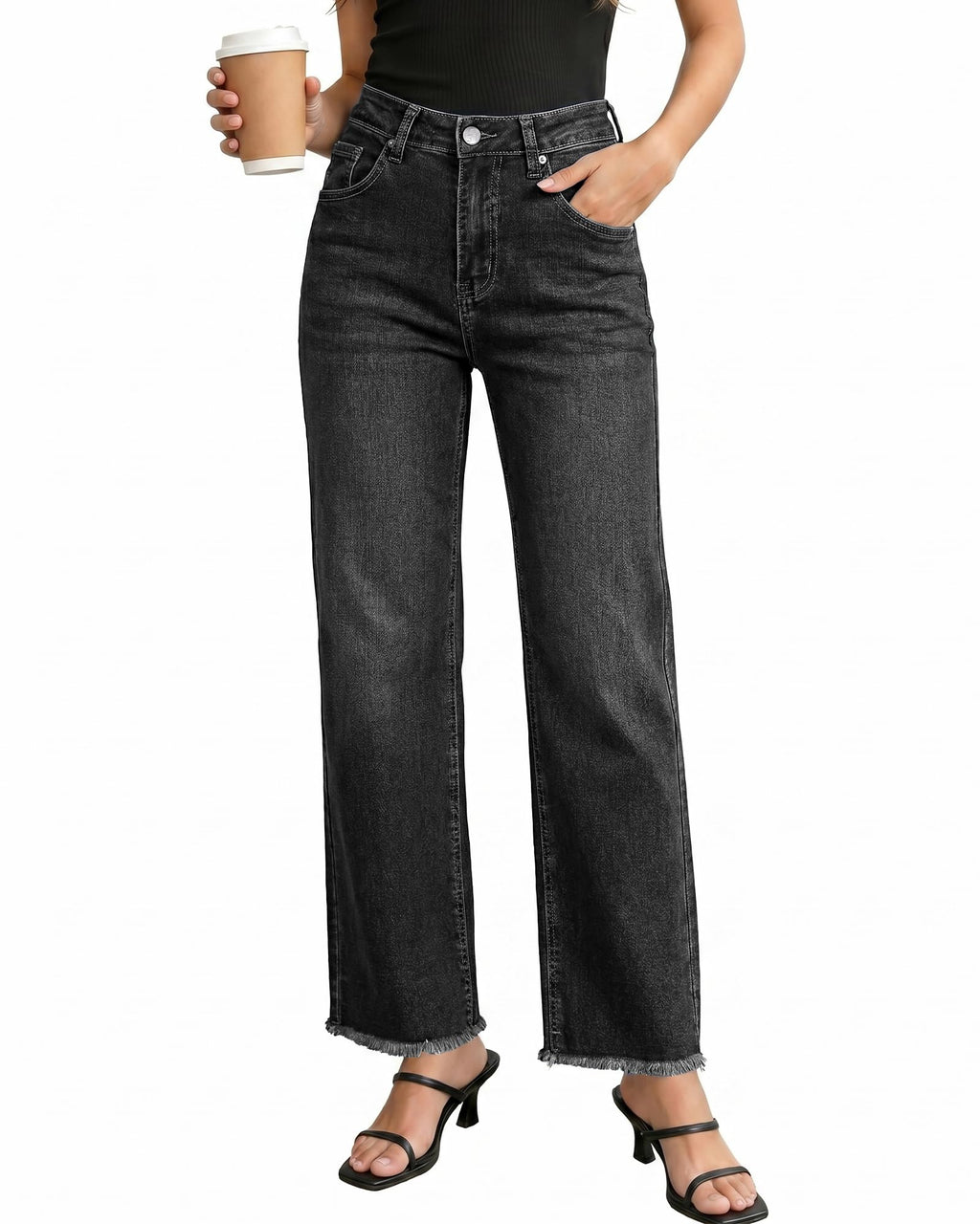 GRAPENT Straight Leg Jeans for Women High Waisted Stretchy Frayed Raw Hem Loose Denim Pants Casual Baggy Jean Trousers