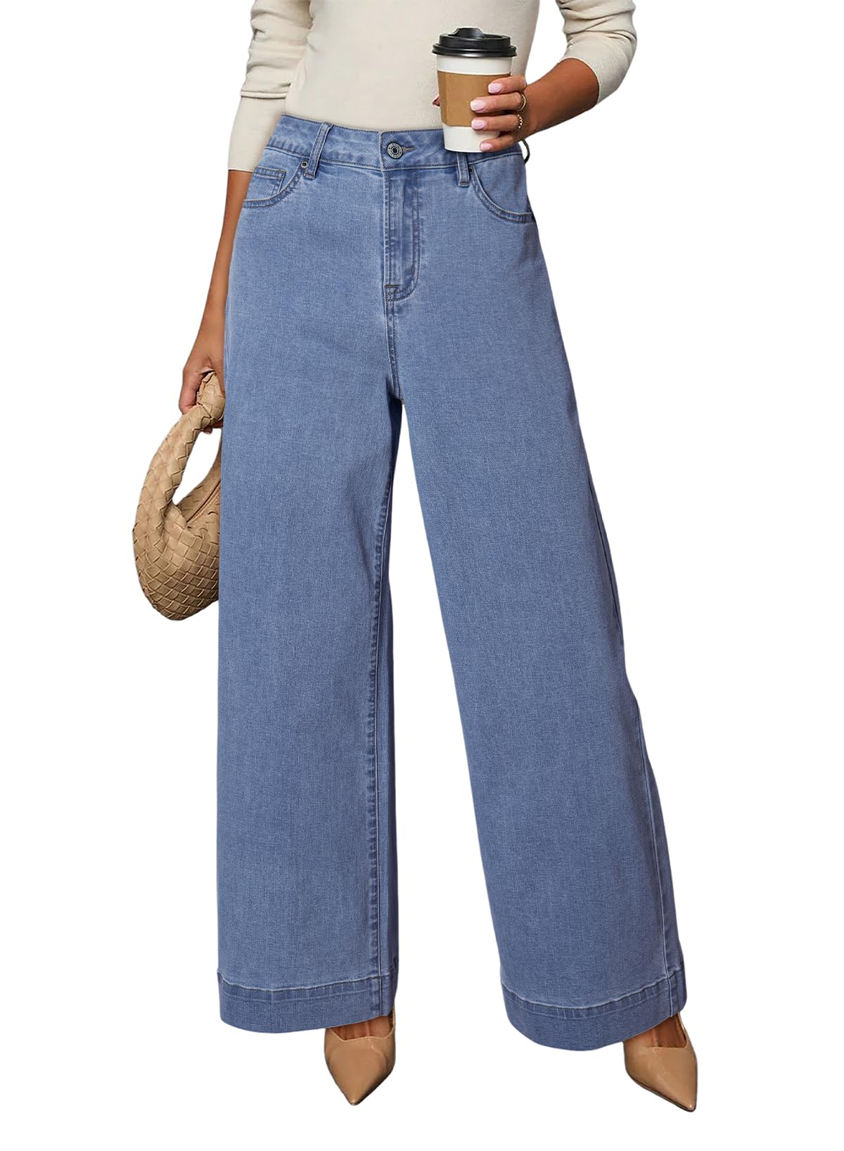 Dokotoo Women's Casual High Waisted Jeans Stretch Wide Leg Loose Denim Pant