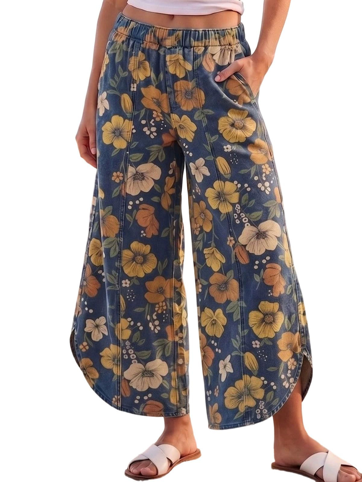 CHARTOU Women Y2k Wide Leg Jeans Elastic Waist Tulip Hem Casual Cropped Ankle Lenght Denim Pants