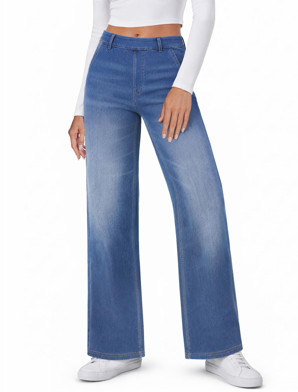 DLOODA Womens Jeans Stretchy Wide Leg High Waist Pull On Sweatpants Jeans
