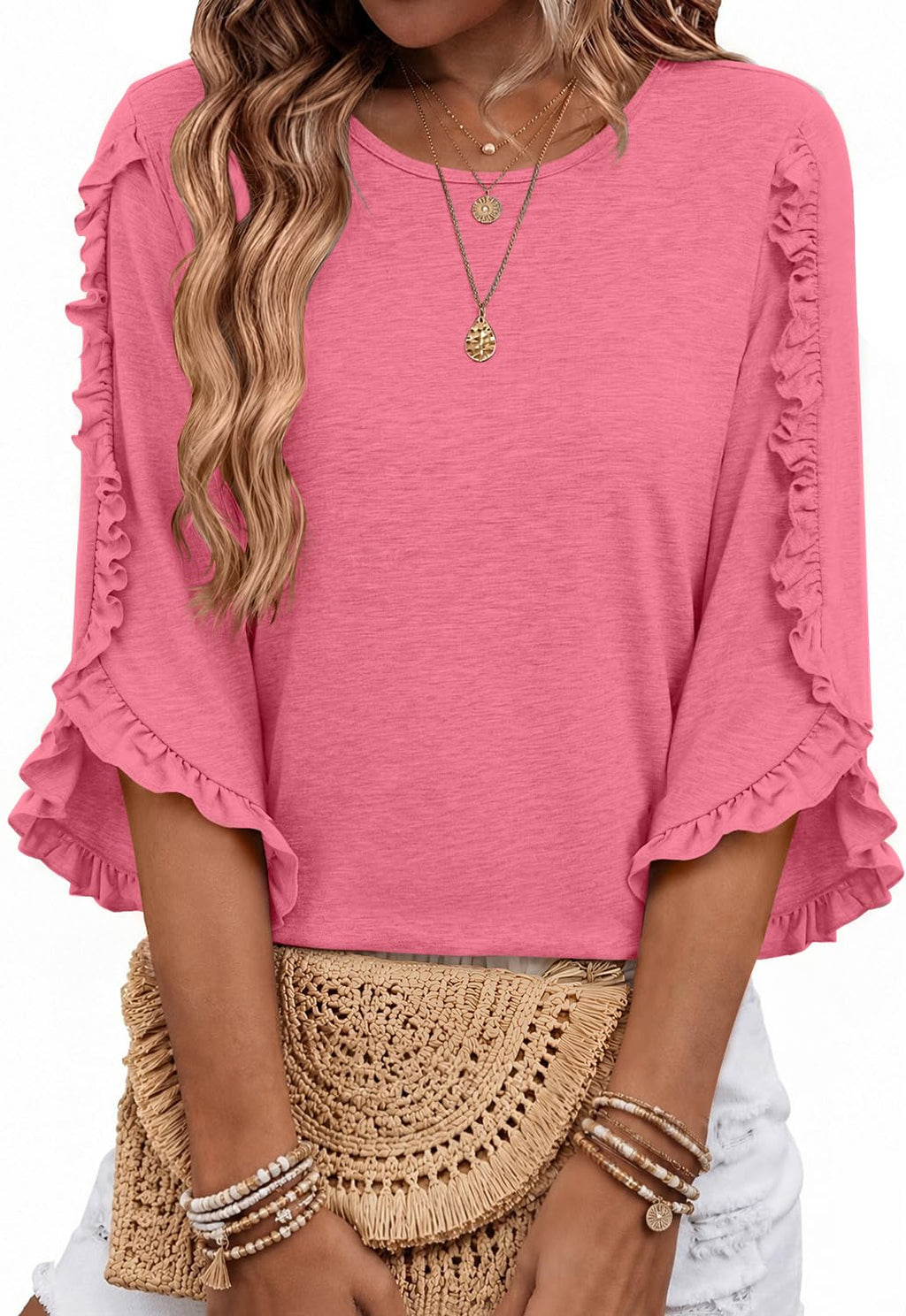 3/4 Length Sleeve Womens Tops Crewneck Ruffle Sleeve Shirts Dressy Casual Blouse Summer Fall Fashion Business Outfit