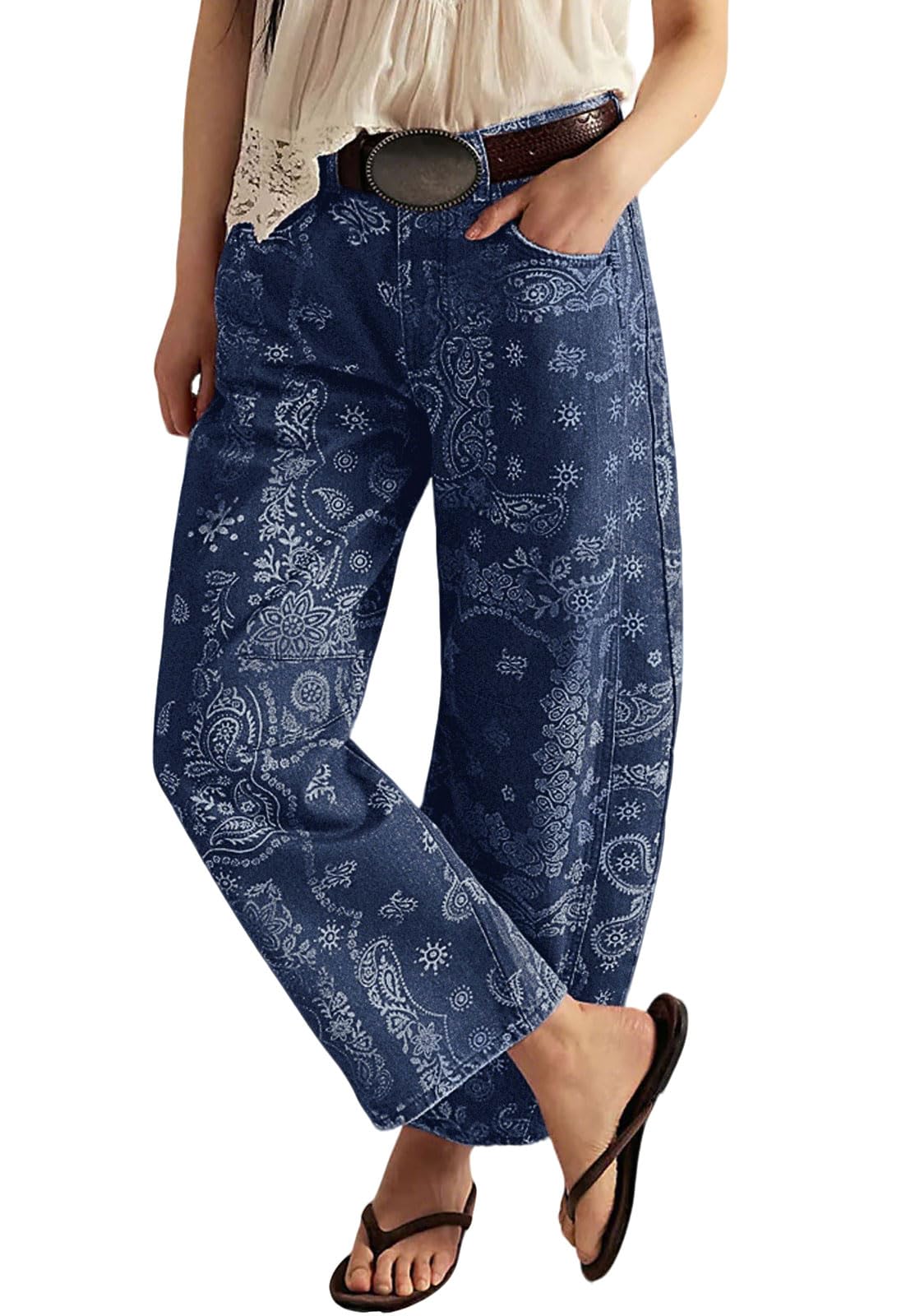 loveimgs Women Boyfriend Baggy Barrel Jeans Floral Print Denim Ankle Pants Wide Leg Mid Rise Jeans Sweatpants Y2k Patchwork