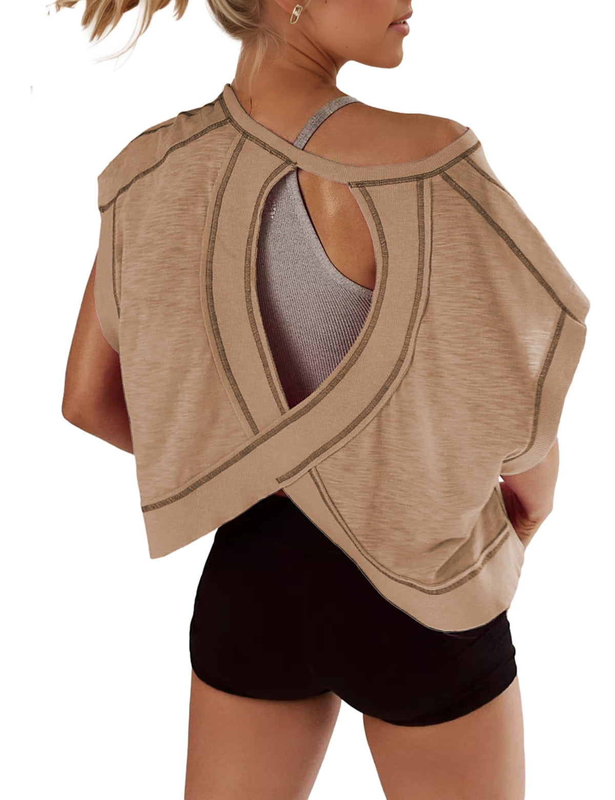 Open Back Tops for Women Oversized Short Sleeve Workout T Shirts Backless Y2k Athletic Crop Running Tees