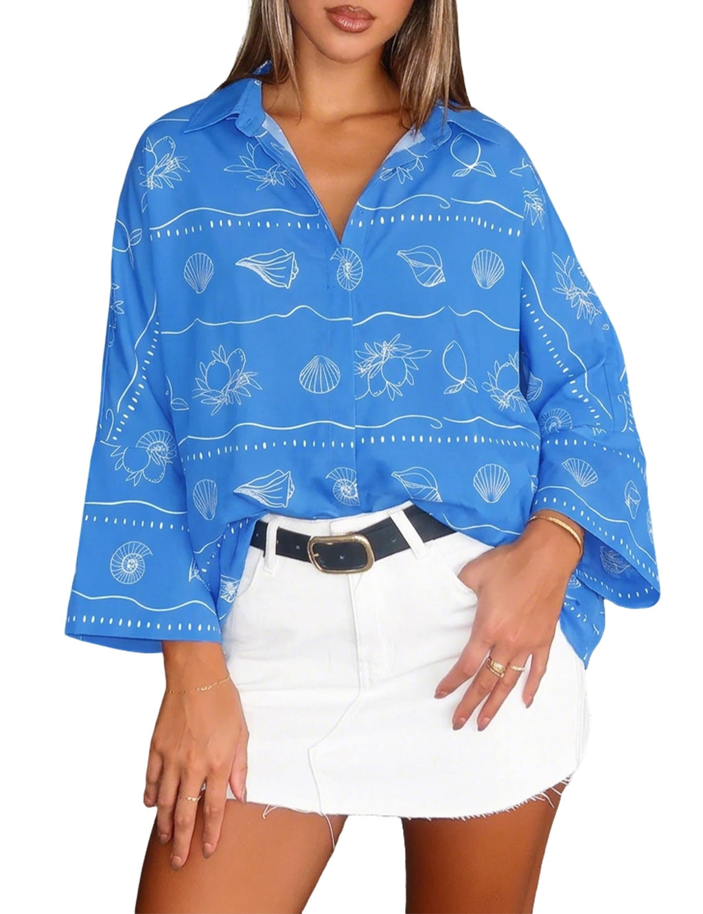 UOOZEE Womens Button Down Shirt Casual 3/4 Sleeve Loose Fit Collared Work Blouse Tops