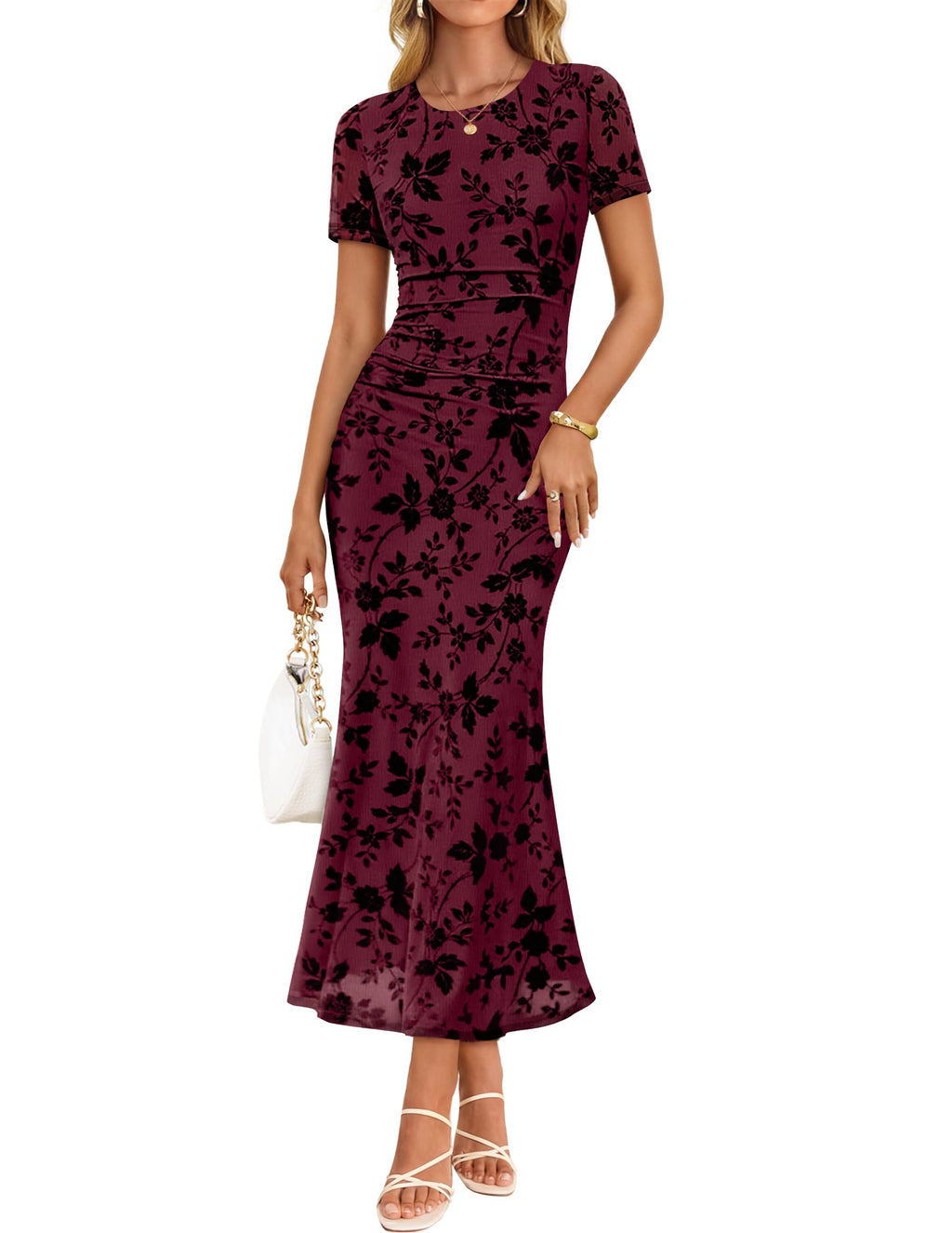 ZESICA Women Summer 2026 Floral Short Sleeve Bodycon Mesh Maxi Formal Dress