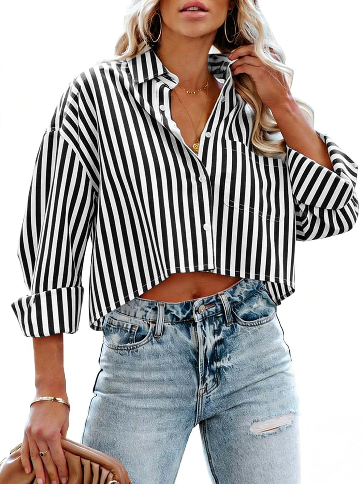 Tankaneo Womens Button Down Cropped Shirts Long Sleeve Crop Tops Blouses