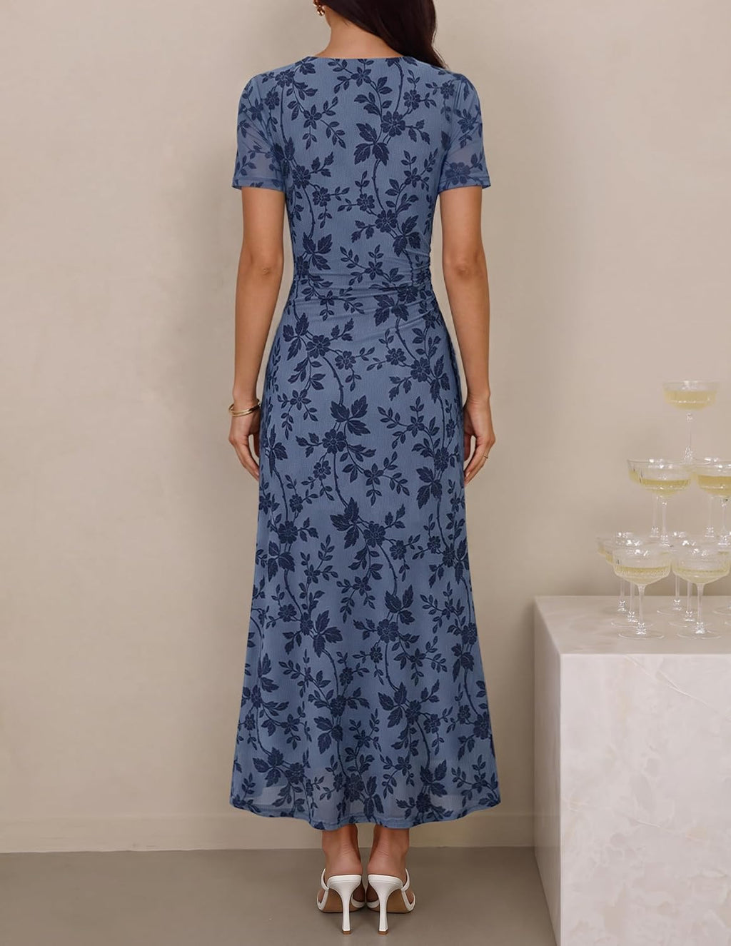 ZESICA Women Summer 2026 Floral Short Sleeve Bodycon Mesh Maxi Formal Dress
