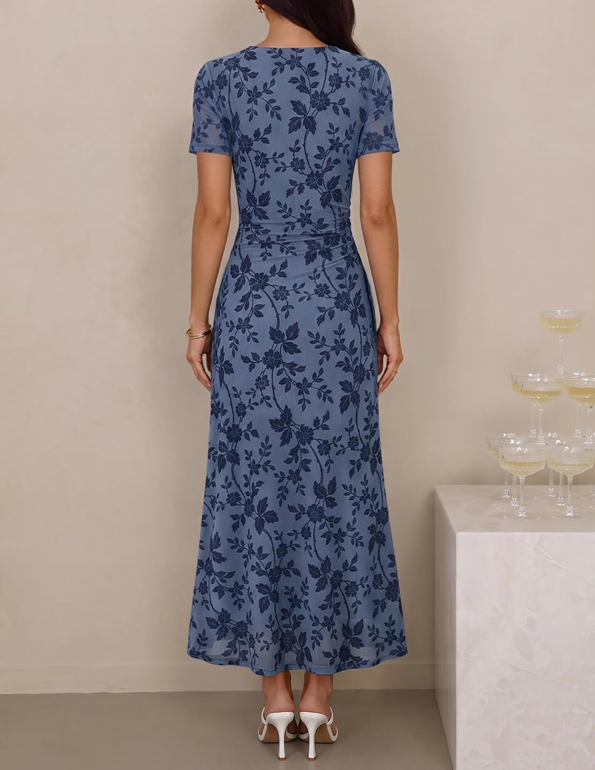 ZESICA Women Summer 2026 Floral Short Sleeve Bodycon Mesh Maxi Formal Dress